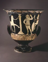 krater (iso maljakko), Painter of London. Punahahmoista keramiikkaa Gualdo Tadinosta (Umbria). Etruskien sivilisaatio, 4. vuosisadalla eKr.