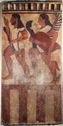 Etruskien taide: Levymaalattu terrakotta nimeltään Plaque Campana: jousiampuja, henkisiipi, jossa on naisellinen hahmo (Cerveteri (Italia), 6. vuosisata eKr.). Pariisi, Musee du Louvre