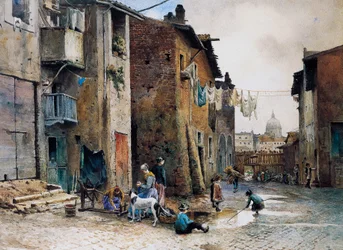Keskiaikaiset talot Via della Lungarettalla Roomassa, kirjoittanut Ettore Roesler Franz (1845-1907), akvarelli, Italia