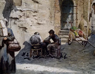 Vanhoja keskiaikaisia taloja Lungarettassa, Ettore Roesler Franz (1845-1907), akvarelli sarjasta Vanished Rome, Yksityiskohta, Italia.