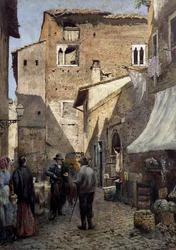 Pierleonin vanhat talot Roomassa, akvarelli Ettore Roesler Franz (1845-1907), Italia