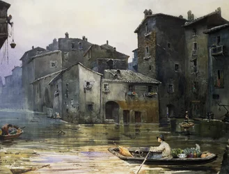 Via della Fiumara tulvinut Roomassa, kirjoittanut Ettore Roesler Franz (1845-1907), akvarelli, Italia