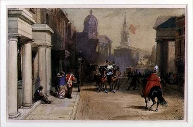 Trafalgar Square Pall Mallilta, n. 1848-52 (akvarelli ja guassi kynällä paperille)