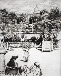 Pariisilainen puisto, teoksesta "Du Ier au XXeme: Les Arrondissements de Paris...", julkaistu 1903 (etsaus)