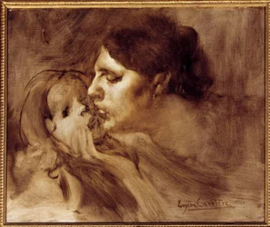 Äidillinen suudelma. Eugène Carrièren (1849-1906) maalaus, 1800-luku, 0,46 x 0,55 m, Pariisi, Musée d