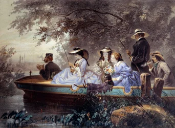 Sunnuntai perheen kanssa kalastamassa joessa Litografia Eugene Guerard (1821-1866) 1800-luvun Pariisi, Musee Carnavalet