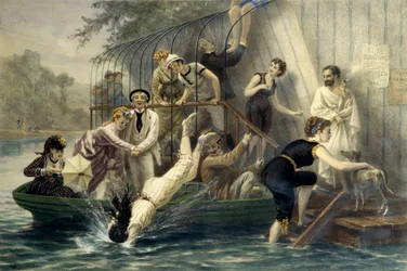 Ah! Kaunis pää, sunnuntai veden äärellä. Nainen sukeltamassa veteen uimapuvussa 1800-luvulla huvitettujen merimiesten naurun alla. Nainen veneessä suojaa itseään naarmuilta sateenvarjollaan. Kaiverrus Eugene Guerard (1821-1866). PR