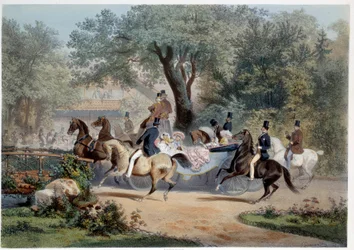 Kohtaus kävelystä Le Pre Catelanissa (Pre-Catelan) Pariisissa Litografia Eugene Guerard (1821-1866) 1800-luvun Pariisi, Musee Carnavalet