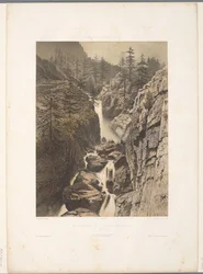 Zicht op de Bérard-waterval Yleisnäkymä Cascade de Bérardista (otsikko esineessä) Gezichten in Zwitserland, Savoy in Tirol (sarjan nimi) Sveitsi, Savoy ja Tiroli (sarjan nimi esineellä)