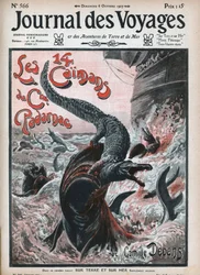 Krokotiilit syövät hait. Camille Debansin (1834-1910) kuvitus Damblansista "Kapteeni Padarnacin neljätoista kaimaania". Sanomalehti. Kaiverrus "" Journal des Voyages" -lehdessä vuodelta 1907.