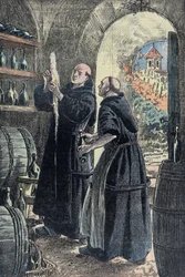 Dom Pierre Pérignon (1639-1715), benediktiinimunkki ja samppanjan valmistusmenetelmän keksijä. Damblansin kuvitus.