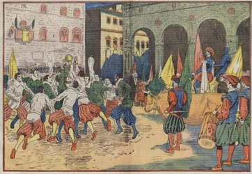 Firenze, Italia: Place de la Seigneuriella, osa 1400-luvun jalkapallosta "calcioa" rakennettiin uudelleen aikakauden pukuun. Voittajajoukkueelle tarjottiin naudanlihaa. Kuva Damblansista. "" Le Pelerin" -lehdessä 8. kesäkuuta
