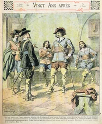 Etukansi Alexandre Dumas Peren (1803-70) Vingt Ans Apres -sarjan teoksesta "Journal des Romans Populaires Illustres", n. 1900 (värilitho)