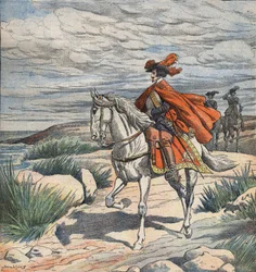Kuvitus elokuvaan "Les Trois Mousquetaires" (Kolme muskettisoturia), 1900-luvun alkupuoli (kaiverrus)