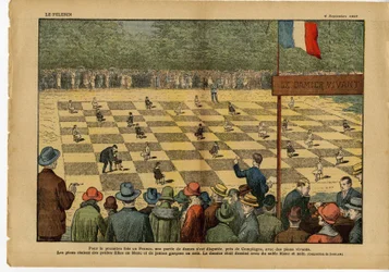 Ilustrasyon ni Eugene Damblans (1865-1945) sa Le Pelerin, 04/09/27 - Sa unang pagkakataon sa France, isang laro ng mga babae... Live Checkerboard - Laro, Mga Libangan, Madla, Checkersfinn