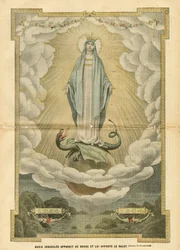 Kuva Eugene Damblansista (1865-1945) Le Pelerinissä, 12.4.2004 - Maria immaculee ilmestyy maailmalle ja tuo pelastuksen siihen - Uskonto Usko, Katolinen Katolilaisuus - Immacule-hedelmöitys - Maria, Lohikäärme - Pilvet - Maa
