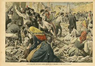 Illustration of Eugene Damblans (1865-1945) in Le Pelerin, 24/09/05 - Italian kuningas vierailee maanjäristyksen runtelemissa Calabrian kylissä - Miscellaneous facts, Italia, Arkkitehtuuri Kaupunkisuunnittelu, Tuhorakennukset, Luonnonkatastrofi, Maanjärist