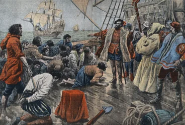 Kuva Ferdinand de Magellanin miehistöstä vannomassa uskollisuuttaan hänelle ristillä epäonnistuneen kapinan jälkeen - Fernand de Magellan (1480-1521), portugalilainen navigaattori rauhoittaa miehistönsä kapinaa ja saatuaan hänet anteeksi saa hänet vannomaa