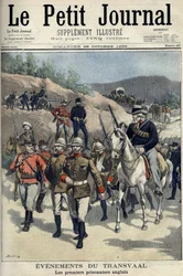 Etelä-Afrikka - Buurien sota. Transvaal tapahtumia. Ensimmäiset englantilaiset vangit, jotka buurit vangitsivat. Piirustus Damblaneista. "" Le Petity Journal", 29. lokakuuta