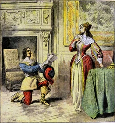 The Musketeer of Artagnan kneels at the feet of Queen Anne of Austria to return her letters - Illustration by Damblans for the novel “Ving ans Apres” by Alexandre Dumas in the “Journal of Illustrous Folk Romans”” beginning 20th century   1056308   fi      