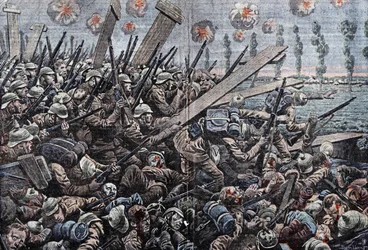 Sota 1914-1918. Belgian rintama 1914. Saksalaiset sotilaat Yserillä. Piirustus Damblans.