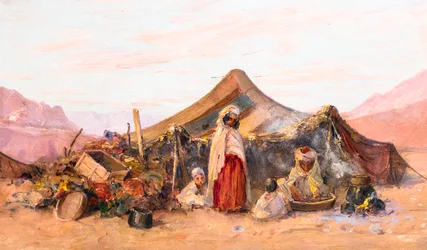 Nomadien leiri Etelä-Algeriassa (öljy puulle)