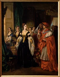 Henry VIII:n avioero: kardinaali Thomas Wolsey (1475-1530) ja Katariina Aragonilainen (1485-1536) vuonna 1533 - kohtaus William Shakespearen näytelmästä "Kuningas Henrik kahdeksannen elämän kuuluisa historia" - Eugenen maalaus Deveria (1808-1865)
