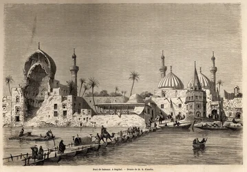 Venesilta Bagdadissa, kuvituksena hänen Mesopotamian-matkalleen vuosina 1840-1842. Teoksessa ”Le Tour du monde”, 1861. Selvan kokoelma.