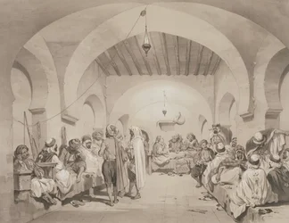 Cafe du Divan, Alger, teoksesta, jossa muistetaan Ranskan retkikuntajoukkoja, jotka valloittivat Algerin vuonna 1830. Kaiverrus Adolphe Jean-Baptiste Bayot (1810-66)