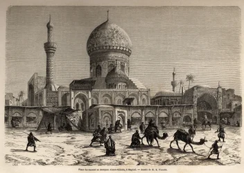 Marchen aukio ja Ahmet Khiaia -moskeija Bagdadissa, Eugene Flandinin (1809-1876) piirustukset havainnollistamaan hänen matkaansa Mesopotamiaan vuosina 1840-1842. Kaiverrus ”” Le tour du monde”” 1861. Selvan kokoelma.