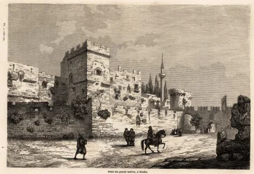 Suurten mestareiden palatsi Rodoksella, piirros Eugene Flandin havainnollistamaan hänen matkaansa Rodoksen saarelle vuonna 1844. Kaiverrus kirjaan "" Le tour du monde", toimittanut Edouard Charton