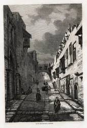 Rue des chevaliers Rodoksella, Eugene Flandinin piirros havainnollistamaan hänen matkaansa Rodoksen saarelle vuonna 1844. Kaiverrus kirjaan "" Le tour du monde", toimittanut Edouard Charton