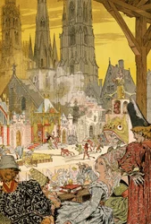 Kuvaus mysteeristä katedraalin kirkkopihalla, kuvitus Notre-Dame de Parisille, Victor Hugo (1802-1885)