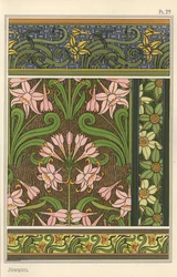Jonquil, Narcissus jonquilla, design-aiheena tapeteissa ja kangaskuvioissa
