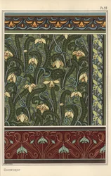 Lumikello, Galanthus nivalis, design-aiheena tapeteissa, reunuksissa ja kankaissa
