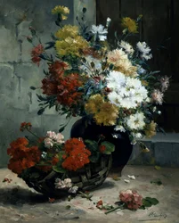 Kesäkukkien (geraniumien ja päivänkakkaroiden) asetelma. Eugene Henri Cauchois