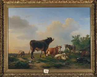 Härkä, lehmä, aasi, vuohi, lampaita ja siipikarjaa avarassa maisemassa, 1849