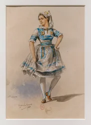 Korrigane. Charles-Marie Widorin baletti, pukumalli. 1880, kynä, akvarelli ja guassi paperille.