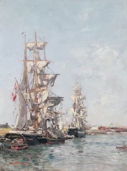 Kolmimastoiset veneet Deauvillen sataman laiturilla, n. 1888-89