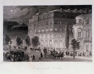 Animaatiota Pariisin Boulevard des Italians -teattereiden ympärillä. Kaiverrus Eugene Louis Lami (1800-1890) 1843 Yksityinen kokoelma