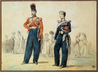 Pallopuku: kaksi miestä sotilaspukuissa. Eugene Louis Lamin (1800-1890) piirustus 1800-luvun Pariisi, Louvre-museo