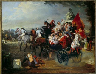 Karnevaalikohtaus Pariisissa, Place de la Concorde vuonna 1834. Eugene Louis Lamin (1800 - 1890) maalaus