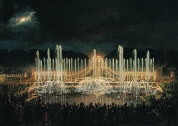 Valaistu suihkulähdenäytös Bassin de Neptunuksessa prinssi Francisco de Assisi de Bourbonin (1822-1902) kunniaksi 21. elokuuta 1864