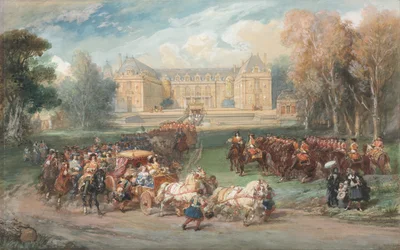 Ludvig XIV ajamassa linja-autoaan Versaillesin puistossa