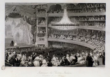 Näyttelijän aplodit esityksen aikana Theater des Italiansissa Pariisissa. Kaiverrus Eugene Louis Lami (1800-1890) 1843 Yksityinen kokoelma