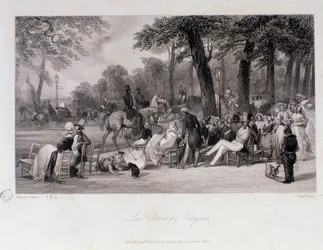 Matkustajat ja kävelijät Champs Elysees -kadulla (Champs-Elysees) Pariisissa. Kaiverrus Eugene Louis Lami (1800-1890) 1841 Yksityinen kokoelma