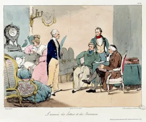 Kirjeiden ja sanomalehtien saapuminen. Kuvitus kirjasta "La vie de chateau". Kaiverrus: Eugene Louis Lami (1800-1890)