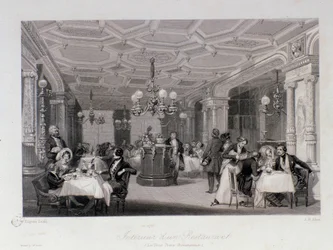 Näkymä ravintolan "Les trois freres provencaux" sisätiloihin lähellä Palais Royalia Pariisissa. Kaiverrus Eugene Louis Lami (1800-1890) 1843 Yksityinen kokoelma
