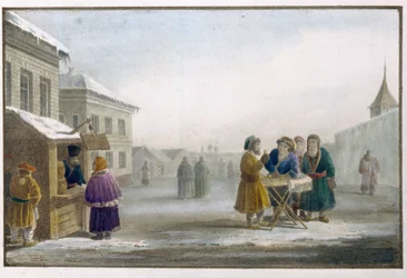 Kiertelevä tupakkakauppias tupakkakaupan edessä Venäjällä. Eugene Pluchartin (1809-1880) työ, litografia ja akvarelli