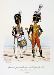 Kuninkaan joukkojen tavalliset jalkavartijat, rumpumajuri ja rumpali, 1822-30
